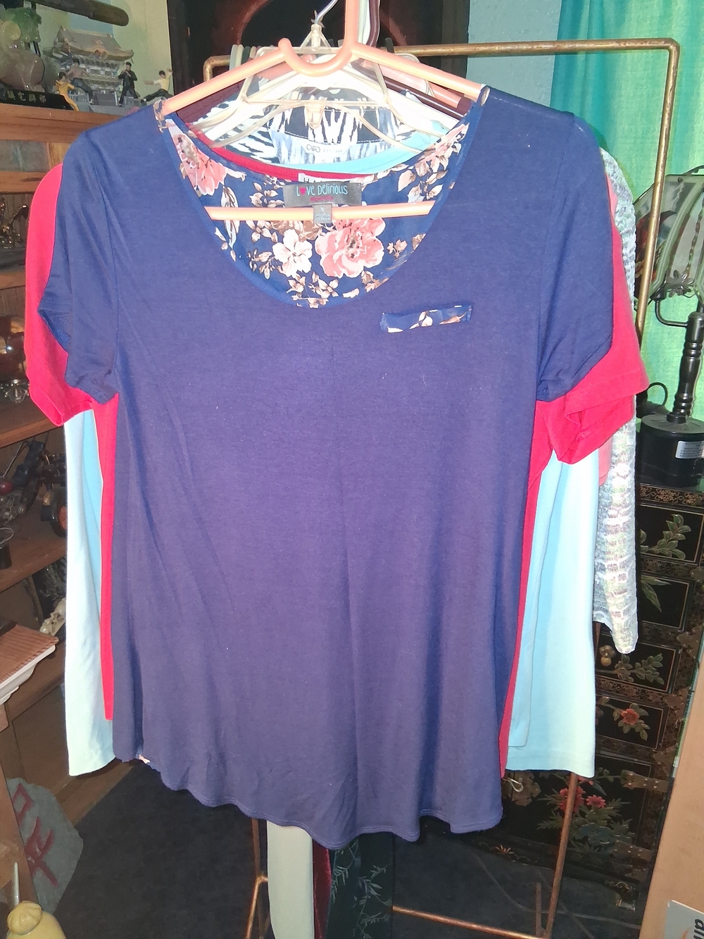 Floral-Trim Navy and Red Short Sleeve Scoop Neck Top